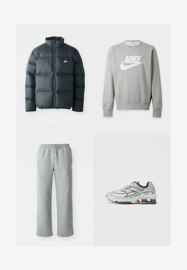 Schwarze Pufferjacke mit gesteppten Abschnitten, hohem Kragen und frontalem Reißverschluss. Verfügt über ein kleines weißes Nike-Logo auf der Brust.; Hellgrauer Nike-Sweatshirt mit langen Ärmeln, weißem Nike-Logo und Swoosh vorne, Rundhalsausschnitt sowie gerippten Bündchen und Saum.; Graue Sweatpants aus Baumwolle mit elastischem Bund, Kordelzugverschluss und geraden Beinen. Verfügt über ein kleines Logo auf der oberen linken Seite.; Hellgrauer Laufschuh mit schwarzen Akzenten, orangefarbenem Logo, Mesh-Obermaterial, gepolstertem Schaft und Gummisohle mit sichtbaren stoßdämpfenden Einheiten.