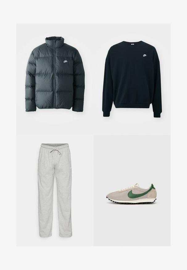 Schwarze Pufferjacke mit gesteppten Abschnitten, hohem Kragen und frontalem Reißverschluss. Verfügt über ein kleines weißes Nike-Logo auf der Brust.; Schwarzer Nike-Pullover mit langen Ärmeln, rundem Halsausschnitt und gerippten Bündchen. Mit einem weißen Nike-Logo auf der linken Brustseite.; Helle graue Sweatpants aus weichem Stoff. Mit einem elastischen Bund und Kordelzug sowie dem schwarzen Nike-Logo auf dem linken Oberschenkel.; Beige Laufschuhe mit grünen Wildlederakzenten, strukturiertem Mesh-Obermaterial, cremefarbenen Schnürsenkeln und einer schwarzen Gummisohle mit Traktionsnoppen.