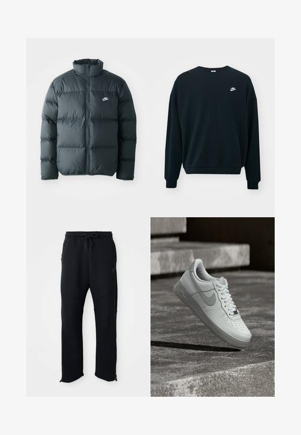 Must must jacket, millede õmblustega, kõrge krae ja esine lukuga. Rinnal on väike valge Nike logo.; Must mustaga Nike pikendatud varrukatega, ümar kaelus ja soonikkoes mansetid. Vasakul rinnal on valge Nike logo.; Mustad mustaräätsed paelaga ja elastse vööga, küljetaskud, kitsenevad sääred ja tõmblukud pahkluude juures. Sile tekstuur.; Valge Nike Air Force 1 tossujalg õhus tekstureeritud betoonpinna kohal, taustal kivist trepiastmed.