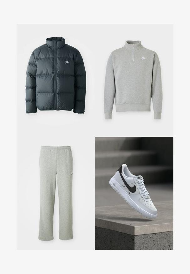 Sort pufferjakke med quiltede sektioner, høj krave og lynlås foran. Har et lille hvidt Nike-logo på brystet.; Grå sweatshirt med halvlynlås-krave, lange ærmer, ribbede manchetter og kant. Har et lille hvidt Nike-logo på brystet.; Grå sweatpants lavet af blødt bomuldsblandingsstof, med elastisk talje, lige ben-design og et lille logo på venstre side.; Hvid Nike Air Force 1 sneaker med sort swoosh-logo, svævende over en betonforkant med slørede trapper i baggrunden.