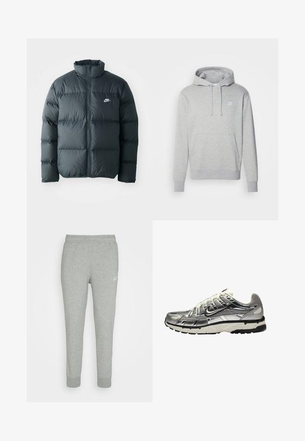 Zwarte pufferjas met gestikte delen, hoge kraag en een rits aan de voorkant. Heeft een klein wit Nike-logo op de borst.; Grijze fleece hoodie met een voorzak, een capuchon met koordjes en een wit logo op de borst. Heeft ribgebreide boorden en een onderkant.; Grijze trainingsbroek van zacht materiaal, met een taps toelopend ontwerp, elastische tailleband en klein wit Nike-logo op de linker bovenbeen.; Zilveren en zwarte sportschoen met een bovenwerk van mesh en synthetisch materiaal, een volumineus ontwerp en een gestructureerde afwerking. Voorzien van een gevoerde kraag en een rubberen zool.