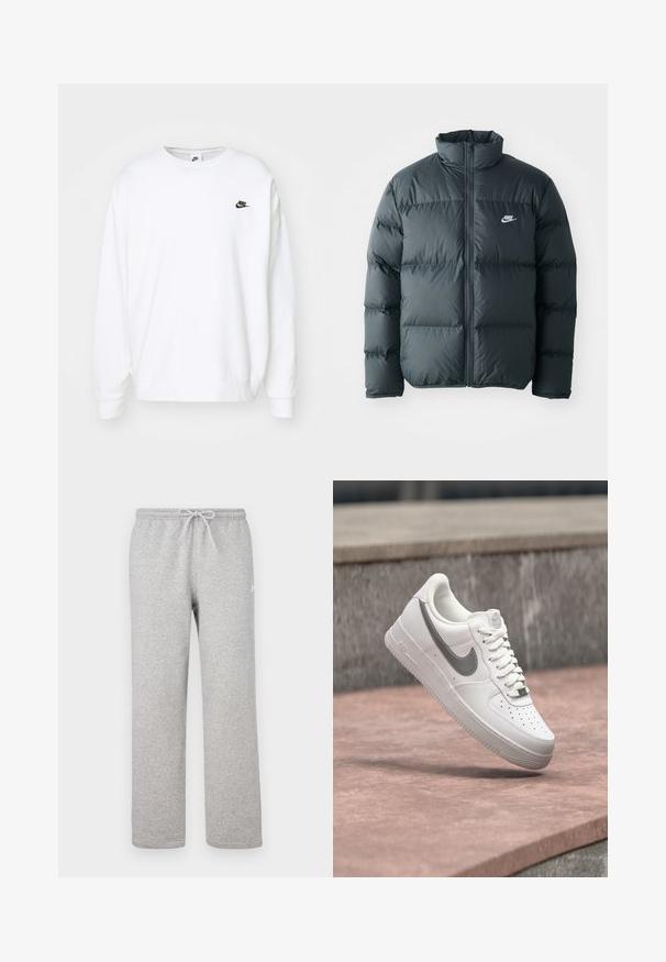Čierna pérová bunda s prešívanými časťami, vysokým golierom a predným zipsom. Na hrudi sa nachádza malé biele logo Nike.; Biela mikina vyrobená z bavlnenej zmesi s dlhými rukávmi, rebrovanými manžetami a okrúhlym výstrihom. Na hrudi sa nachádza malé čierne logo Nike.; Šedé teplákové nohavice s elastickým pásom a šnúrkou. Vyrobené z mäkkej látky, majú rovné nohavice a jemný logotyp.; Biela teniska Nike Air Force 1 so sivým logom swoosh, ktorá visí nad kamenným povrchom a sivou kamennou stenou v pozadí.