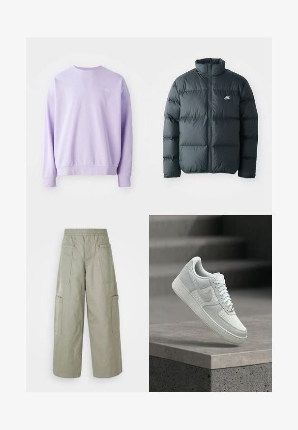 Must must jacket, millede õmblustega, kõrge krae ja esine lukuga. Rinnal on väike valge Nike logo.; Heled lavendlitooni crewneck-sweater, valmistatud pehmest materjalist. Omab soonikuid varrukatel ja äärel, samuti väikest tikandiga Nike logo ees.; Laiad, oliivrohelised cargo-püksid elastse vöökohtadega, mitme tasku ja sileda tekstuuriga. Kokkuklapitav laius allääris.; Valge Nike Air Force 1 tennisejalats võrgust ja nahast paneelidega, paelad seotud, hõljuv betoonist ääre kohal uduse trepitausta ees.