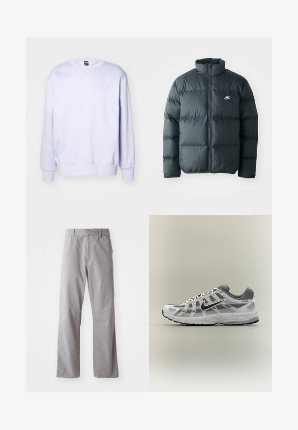 Must must jacket, millede õmblustega, kõrge krae ja esine lukuga. Rinnal on väike valge Nike logo.; Heleda lilla dressipluus, puuvillasegu, ümmargune kaelus, soonikkoes varrukad ja alläär, esiosas vasakul ülal on väike valge logo. Sile tekstuur.; Hallid puuvillased püksid otse lõikega, millel on ees nupp sulgemiseks ja vöörihmad. Sile tekstuur ja minimaalne detailide hulk.; Valge ja hall Nike P-6000 toss musta logoga, võrgust paneelide ja tekstuurse tallaga, esitatud külgvaates neutraalsel taustal.