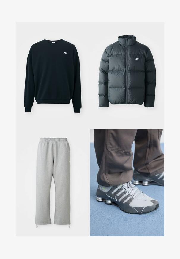Must must jacket, millede õmblustega, kõrge krae ja esine lukuga. Rinnal on väike valge Nike logo.; Must mustaga Nike pikendatud varrukatega, ümar kaelus ja soonikkoes mansetid. Vasakul rinnal on valge Nike logo.; Hallid hallid dressipüksid elastse vöökohtadega, sirged sääred ja nööraktsendid all. Valmistatud pehmest, tekstureeritud kangast.; Hallid ja hõbe Nike Shox tennisetossud on varustatud elegantse disainiga, neil on võrkkangas ja sünteetilised materjalid, ümar varvas ja pehmendatud kaelus.
