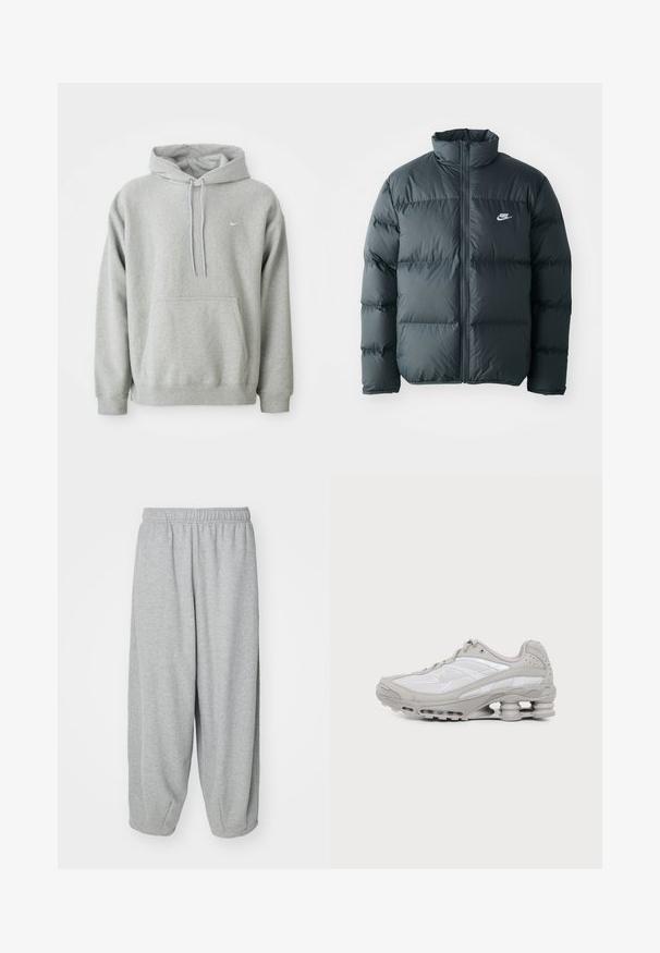 Zwarte pufferjas met gestikte delen, hoge kraag en een rits aan de voorkant. Heeft een klein wit Nike-logo op de borst.; Grijze hoodie van zachte stof met een buidelzak, capuchon met trekkoord en klein wit logo op de borst. Comfortabele, casual pasvorm.; Lichtgrijze, loszittende sweatpants gemaakt van zachte stof. Elastische tailleband en boorden bij de enkels. Eenvoudig en onversierd ontwerp.; Grijze en witte sportschoen met zichtbare luchtkussenzool en meshpanelen, in profiel weergegeven op een eenvoudige lichte achtergrond.