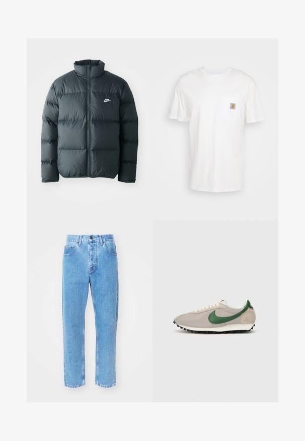 Sort pufferjakke med quiltede sektioner, høj krave og lynlås foran. Har et lille hvidt Nike-logo på brystet.; Hvid bomulds T-shirt med korte ærmer, en brystlomme, og et lille firkantet logo patch i orange og hvid på lommen.; Lyseblå denimjeans har en lige ben-design, fem lommer og en klassisk knaplukning i taljen.; Beige løbesko med grønne ruskindsdetaljer, struktureret mesh-overdel, cremefarvede snørebånd og sort gummisål med trækkraftsstifter.