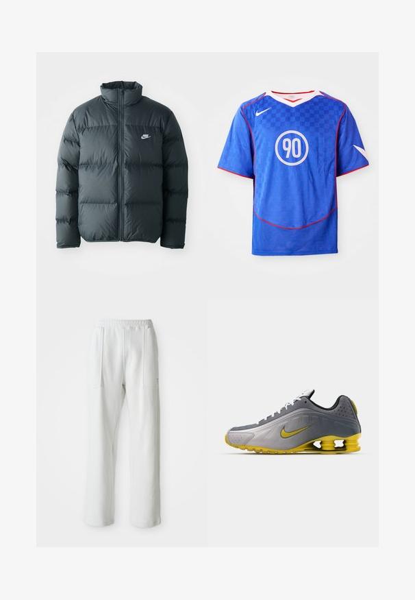 Sort pufferjakke med quiltede sektioner, høj krave og lynlås foran. Har et lille hvidt Nike-logo på brystet.; Blå Nike fodboldtrøje med ternet mønster, korte ærmer, v-hals design, hvide accenter og et centralt cirkulært "90" grafik.; Hvide afslappede bukser med en elastisk talje og store forreste lommer, vist på en ensfarvet lys baggrund.; Nike Sportswear SHOX R4 SE UNISEX - Sneakers - vast grey/bright citron/light graphite/smoke grey/white/black