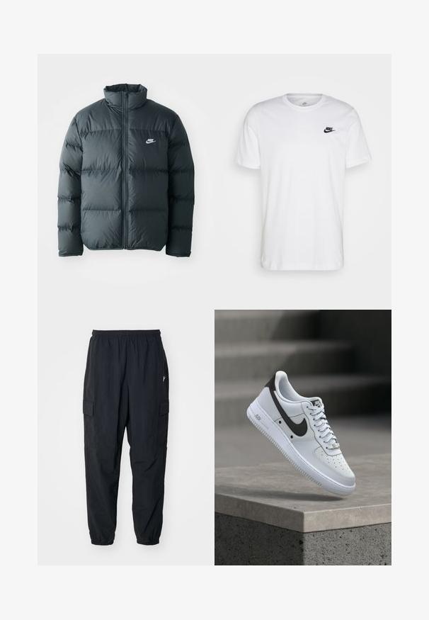 Doudoune noire avec sections matelassées, col haut et fermeture éclair à l'avant. Présente un petit logo Nike blanc sur la poitrine.; T-shirt en coton blanc avec col rond, manches courtes et logo Nike noir sur la poitrine gauche. Design simple, couleur unie.; Pantalons cargo noirs en matériau léger, avec une taille élastique, des poches latérales et une coupe décontractée avec des poignets élastiques.; Baskets blanches Nike Air Force 1 avec logo Swoosh noir, flottant au-dessus d'un rebord en béton avec des escaliers flous en arrière-plan.