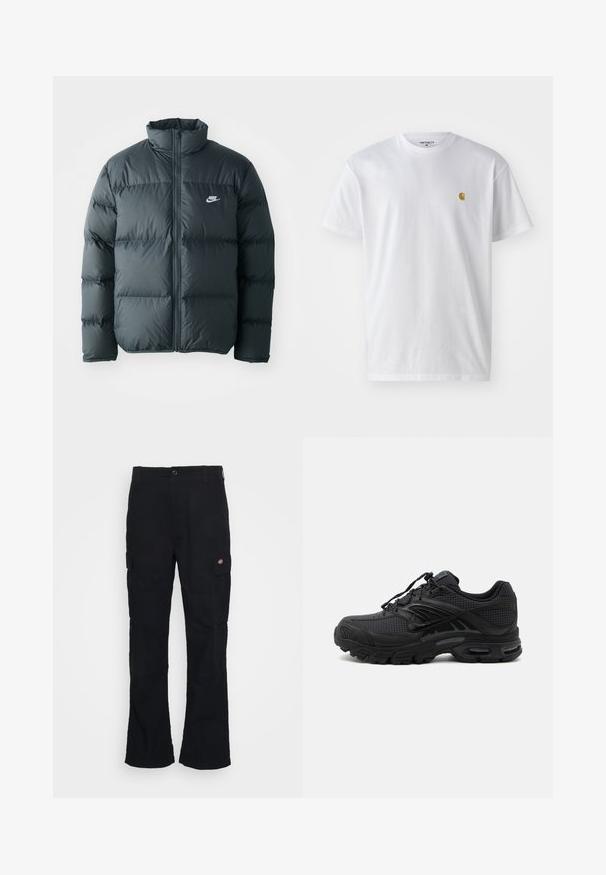 Schwarze Pufferjacke mit gesteppten Abschnitten, hohem Kragen und frontalem Reißverschluss. Verfügt über ein kleines weißes Nike-Logo auf der Brust.; Weißes Baumwoll-T-Shirt mit kurzen Ärmeln, Rundhalsausschnitt, mit einem kleinen goldenen Logo im linken Brustbereich. Weicher Stoff und normale Passform.; Schwarze Cargo-Hose mit geradem Bein, aus strapazierfähigem Stoff gefertigt, mit Seitentaschen und einem aufgenähten Logo auf der linken Seite.; Schwarzer athletischer Sneaker mit strukturiertem Stoff, dicker gepolsterter Sohle, Luftauslässen und Schnürverschluss, von der Seite auf hellem Hintergrund gezeigt.