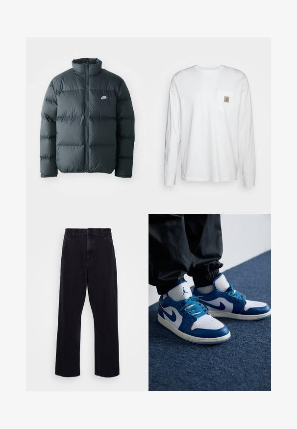 Čierna pérová bunda s prešívanými časťami, vysokým golierom a predným zipsom. Na hrudi sa nachádza malé biele logo Nike.; Biela košeľa s dlhým rukávom vyrobená z bavlny, s náprsné vrecko a štvorcovou nášivkou loga. Jednoduchý dizajn s okrúhlym výstrihom a manžetami.; Čierne džínsy s rovného strihu, ktoré majú zapínanie na gombík a zips, pútka na opasok a minimálne švy.; Nike Air Jordan tenisky majú bielu koženú základňu s modrými syntetickými akcentmi, perforovanou špičkou a modrými šnúrkami.