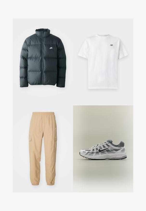 Sort pufferjakke med quiltede sektioner, høj krave og lynlås foran. Har et lille hvidt Nike-logo på brystet.; Hvid t-shirt med korte ærmer og rund halsudskæring med et lille sort New Balance-logo på øverste venstre bryst på en ensartet lys baggrund.; Beige cargo bukser lavet af letvægtsstof, med elastisk talje, to sidelommer og elastiske manchetter ved anklerne.; Hvid og grå Nike P-6000 sneaker med sort swoosh, meshpaneler og tekstureret sål, vist i sideprofil på neutral baggrund.