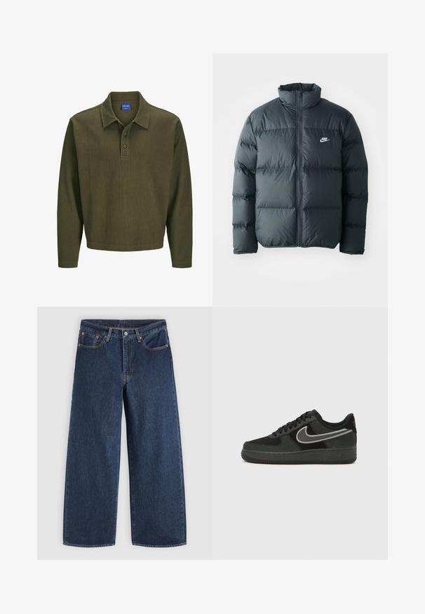 Zwarte pufferjas met gestikte delen, hoge kraag en een rits aan de voorkant. Heeft een klein wit Nike-logo op de borst.; Olijfgroen polo shirt met lange mouwen, gemaakt van gestructureerde stof. Heeft een kraag, een drieknoopsluiting en een ontspannen pasvorm.; Donkerblauwe wijde denim jeans met voorzakken, knoopsluiting en riemlussen, plat gelegd op een lichte achtergrond.; Nike Air Force 1 sneaker in zwart suède en leer, met een zilveren swoosh, ronde neus, vetersluiting en een geribbelde rubberen buitenzool.