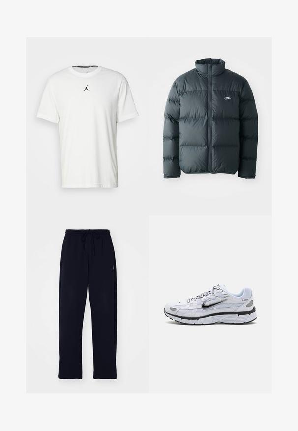 Čierna pérová bunda s prešívanými časťami, vysokým golierom a predným zipsom. Na hrudi sa nachádza malé biele logo Nike.; Biely tričko s krátkymi rukávmi vyrobené z bavlny, so siluetou čierneho Jumpman loga na hrudi a okrúhlym výstrihom s čiernou vnútornou etiketou.; Čierne tepláky vyrobené z mäkkej textílie. Obsahujú elastický pás s šnúrkou a bočné vrecká. Priame nohavice.; Biele bežecké topánky s textilným zvrškom, zaoblenou špičkou, čiernymi akcentmi a vzorovanou podrážkou. Obsahujú šnurovanie a značku na boku.