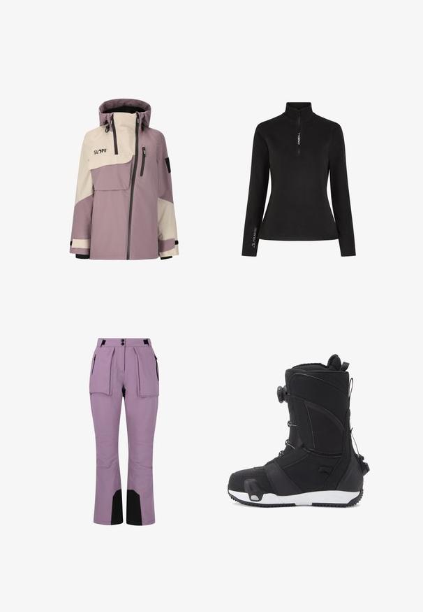 Lilla og creme vandtæt jakke med hætte, lynlåslommer, en brystlomme og justerbare manchetter. Designet inkluderer farveblokering.; Sort langærmet sweater med halvlukket krave. Har "ONEILL" logo på forsiden og "POLARTEC" branding på ærmet, lavet af blødt stof.; Lavendelfarvede skibukser lavet af slidstærkt stof, med to frontlommer, sorte accenter på de nederste ben og en skræddersyet pasform med struktureret design.; DC Shoes LOTUS STEP ON - Vinterstøvler - black