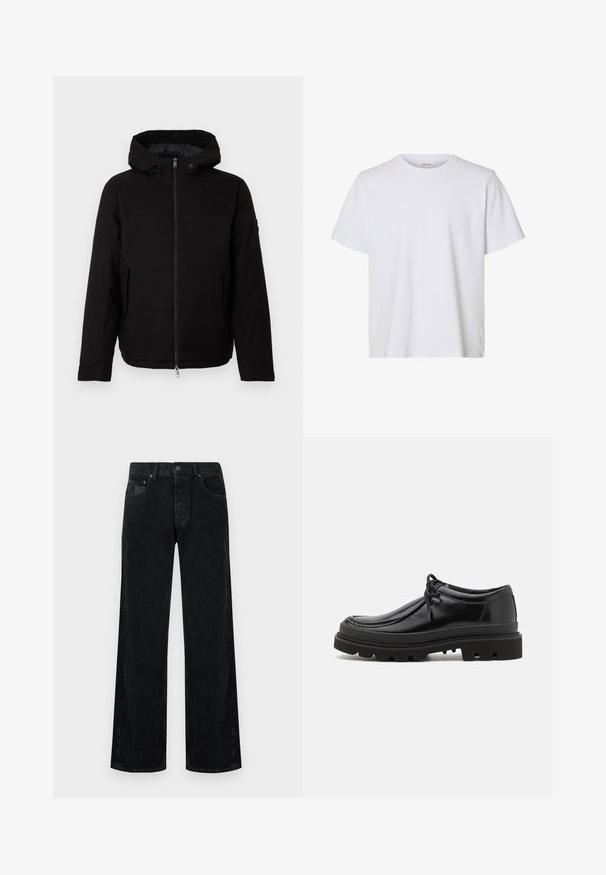 Zwarte hoodiejack met een ritssluiting aan de voorkant, een zachte textuur en een minimalistisch ontwerp zonder zichtbare logo's of patronen.; Effen wit T-shirt met korte mouwen en ronde hals, met een regular fit en een gladde stoftextuur, weergegeven op een witte achtergrond.; Zwarte denim wijde pijpen jeans met een klassiek ontwerp met vijf zakken, voorzien van een knopenluiting en een subtiele vervaagde textuur.; Zwarte leren derby schoenen met een strak ontwerp, ronde neus en een getextureerde rubberen zool met diepe groeven voor grip.