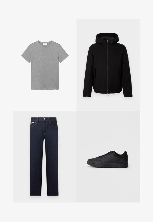 Schwarze Kapuzenjacke mit einem frontalen Reißverschluss, glatter Textur und minimalistischem Design ohne sichtbare Logos oder Muster.; Graues kurzärmeliges T-Shirt aus einem Baumwoll-Mischgewebe. Es verfügt über einen runden Halsausschnitt und ein kleines Logodetail auf der linken Vorderseite.; Dunkelblaue Denim-Jeans mit geradem Schnitt, einem klassischen Fünf-Taschen-Design und kontrastierenden orangen Nähten. Mit metallischem Knopfverschluss.; Schwarzer Sportschuh aus glattem synthetischen Material, mit runder Zehenpartie, durchlöcherten Akzenten, schnürbarem Design und einer strukturierten Gummisohle.