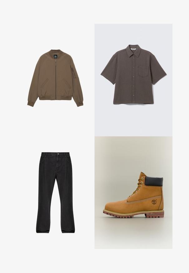 Veste bombardier marron avec fermeture éclair à l'avant, deux poches latérales, col, poignets et ourlet côtelés, et une poche zippée sur la manche gauche.; Chemise marron à manches courtes avec boutons, motif gaufré texturé et poche poitrine, posée à plat sur un fond clair.; Jean en denim noir avec une coupe droite, style à cinq poches, fermeture à bouton et une légère texture délavée.; Bottine en cuir marron avec col noir, lacets jaunes et semelle beige. Présente un logo et des détails de couture blanche. Semelle extérieure à traction robuste.