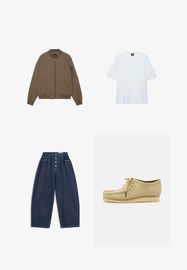 Brun bomberjakke med forlynlås, to sidelommer, ribbet krave, manchetter, kant og en lynlåslomme på venstre ærme.; Hvid, oversized T-shirt med korte ærmer og rund halsudskæring, med en sort etiket inde i kraven på en hvid baggrund.; Mørkeblå denim bukser med brede ben og høj talje, fem knaplukninger og fem lommer. Har stikninger som accent på sømmene.; Beige suedestøvle med snørebåndsdesign, syede detaljer og gummisål. Formen er afslappet med en let hæl.