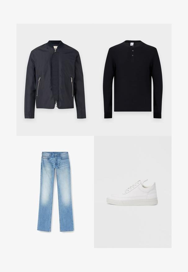 Chaqueta bomber azul marino con cuello acanalado, cremallera frontal cubierta por una solapa y dos bolsillos laterales con cremallera.; Suéter negro de manga larga tipo henley con tres botones y cuello redondo, mostrado plano sobre un fondo blanco.; Vaqueros rectos de denim de color azul claro, con un acabado desgastado, diseño de cinco bolsillos y detalles de costura visibles a lo largo de las costuras.; Zapatilla blanca de cuero con punta redondeada, suela plana y cierre de cordones. Presenta detalles de costuras y un cuello acolchado para mayor comodidad.