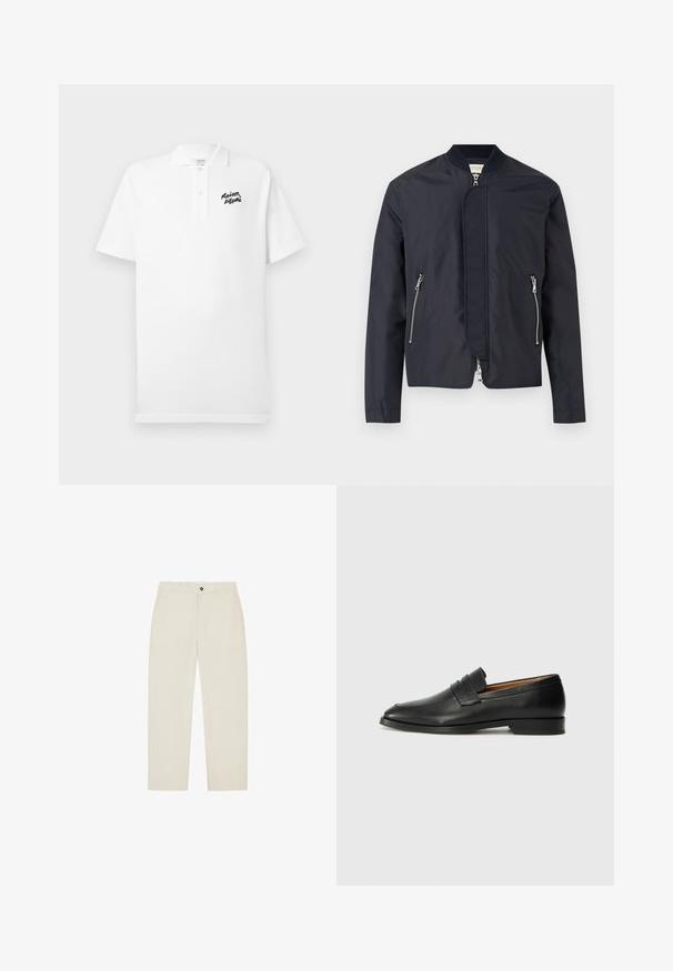 Veste bomber bleu marine avec col côtelé, fermeture éclair frontale recouverte d'un rabat et deux poches latérales zippées.; Polo blanc en coton, arborant un logo "Maison Kitsuné" brodé en noir sur la poitrine gauche. Manches courtes et col standard.; Pantalon beige droit avec passants pour ceinture, poches latérales et fermeture à boutons à l’avant.; Mocassin en cuir noir avec un bout arrondi, des coutures subtiles et un talon bas, présentant une texture lisse et un design minimaliste.