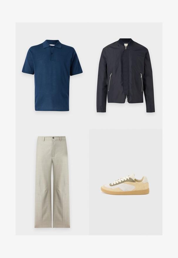 Veste bomber bleu marine avec col côtelé, fermeture éclair frontale recouverte d'un rabat et deux poches latérales zippées.; Polo bleu marine à manches courtes avec patte à deux boutons et col classique sur un fond gris clair.; Pantalon formel beige clair à jambes droites, fermeture avec bouton et fermeture éclair, passants pour ceinture, présenté sur un fond blanc.; Baskets basses en daim beige, panneaux en maille blanche, accents olive, lacets blancs et semelle en caoutchouc naturel sur fond gris clair.