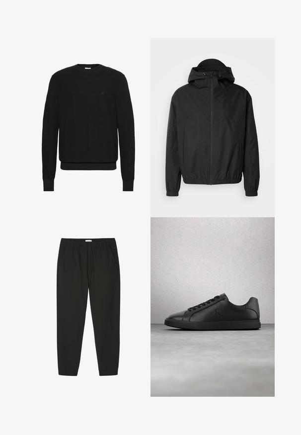 Veste noire zippée avec une capuche spacieuse, des poignets élastiques et une taille ajustée. Fabriquée en tissu lisse et léger avec une finition mate.; Pull noir en maille à manches longues avec col rond, poignets et ourlet côtelés, présentant un petit logo discret sur le côté gauche de la poitrine.; Pantalon noir avec taille élastique, jambes droites et poches latérales, conçu pour un usage décontracté ou professionnel.; Baskets en cuir noir avec lacets et logo "ck" en relief flottant au-dessus d'un sol gris près d'un mur en verre brique.