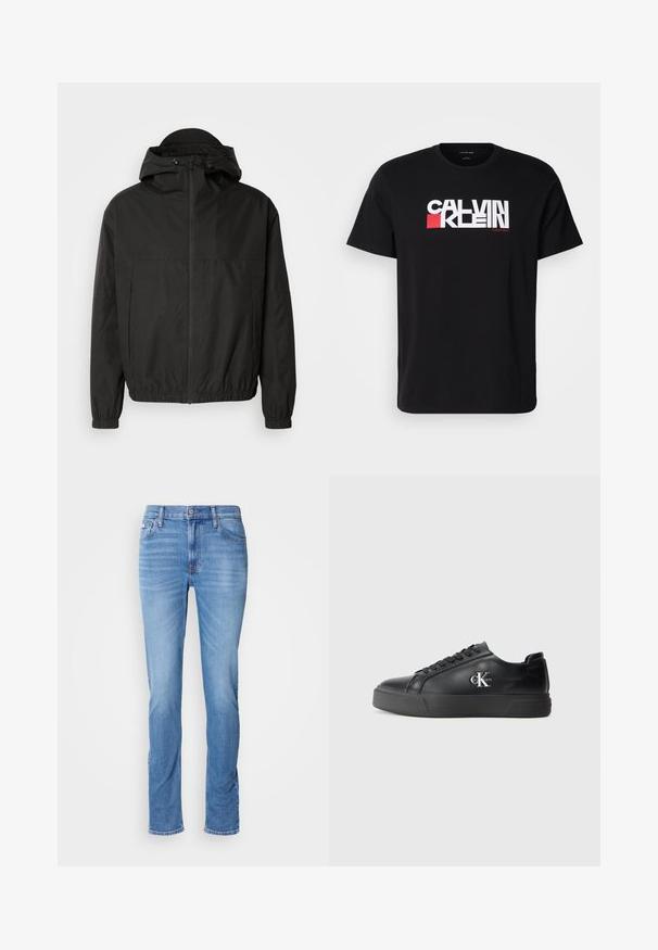 Chaqueta negra con cremallera y capucha amplia, puños elásticos y cintura ajustada. Confeccionada en un tejido suave y ligero con un acabado mate.; Camiseta de algodón negra con un logotipo en blanco y rojo "CALVIN KLEIN" en el pecho. Diseño de manga corta y cuello redondo.; Vaqueros de mezclilla azul para hombre con corte recto, bolsillos delanteros y traseros, y una pequeña etiqueta de Calvin Klein cerca del bolsillo delantero derecho.; Zapatilla de cuero negro con punta redondeada, suela negra plana y cordones tonales. Presenta un logo plateado en el costado, con una textura suave en toda su superficie.