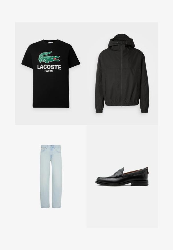 Veste noire zippée avec une capuche spacieuse, des poignets élastiques et une taille ajustée. Fabriquée en tissu lisse et léger avec une finition mate.; T-shirt en coton noir avec un logo de crocodile vert et le texte "LACOSTE PARIS" en blanc. Manches courtes et col rond classique.; Jean en denim bleu clair avec coupe droite, fermeture avant par bouton et zip, passants pour ceinture, et poches avant.; Mocassin homme en cuir noir avec couture moc toe, bride penny, col texturé et petit talon empilé sur fond blanc.
