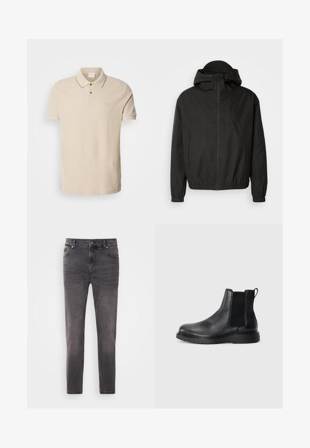 Zwarte zip-up jas met een ruime capuchon, elastische manchetten en een aansluitende tailleband. Gemaakt van glad, lichtgewicht materiaal met een matte afwerking.; Beige polo shirt gemaakt van katoen, met een placket met twee knopen, korte mouwen en een klein logo op de borst. Contrasterende stiksel details.; Grijze denim jeans met een slim fit ontwerp, vijf zakken, ritssluiting en knoopsluiting. Heeft subtiele vervaging en een soepele textuur.; Zwarte leren Chelsea boots met een gestructureerde afwerking, elastische zijpanelen en een stevige rubberen zool. Subtiele branding op de hiel.