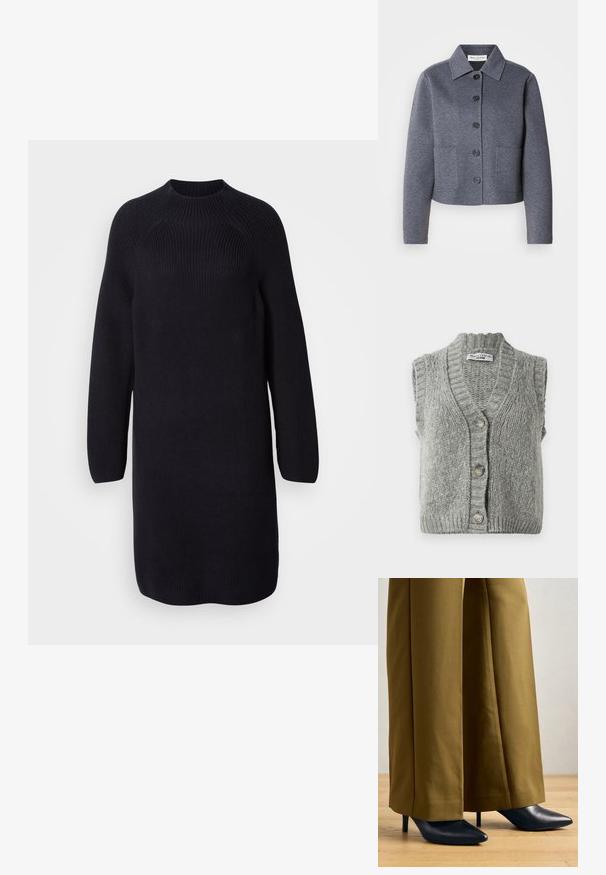 Chaqueta gris, corta, hecha de un material suave, con un cuello tipo solapa, seis botones frontales y dos bolsillos laterales.; Chaleco de punto gris sin mangas con botones, con cuello y dobladillo acanalados, dispuesto plano mostrando el frente con tres botones.; Vestido de suéter negro de punto con un cuello alto, mangas largas tipo raglán y un corte relajado, que presenta una textura acanalada en todo su diseño.; Zapatos de tacón alto en punta de color negro con un ligero brillo, combinados con pantalones anchos de color mostaza. Textura suave y diseño de tacón de aguja.