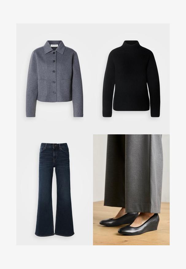 Grå, kort jakke lavet af et blødt materiale har en kravekrave, seks frontknapper og to sidelommer.; Sort turtleneck sweater lavet af ribbet stof. Har lange ærmer og et tætsiddende design med en højere halsudskæring. Blød tekstur.; Mos Mosh HERA - Flared jeans - dark blue; Sorte læder wedgesko med en rund tå og glat tekstur, parret med grå vide bukser, placeret på et trægulv.
