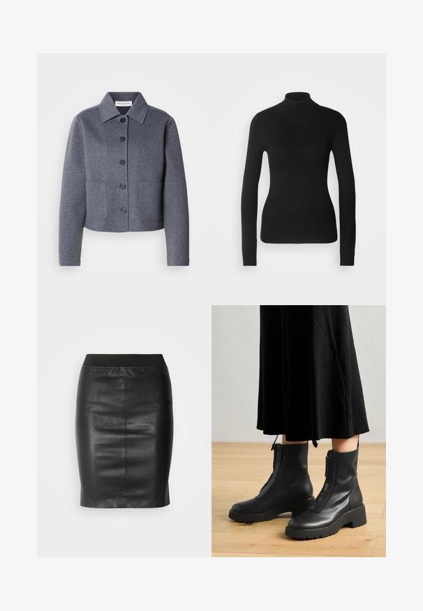 Hallhalli, lühike jakk pehmest materjalist, millel on kaelus, kuus esimest nööpi ja kaks küljetaskut.; Mustem turtleneck-sviiter, mis on valmistatud kerge kudumiskangast. Omab pikki varrukaid, slim-fit lõiget ja pehmet soonikut.; Must mustaline seelik, mis on valmistatud siledast nahast, elastse vöökohaga, et saavutada vormiv siluett ja minimalistik disain.; Mustad nahast pahkluu saapad paksu platvormitaldadega ja esise closinguga. Sile tekstuur ja minimalistlik disain.