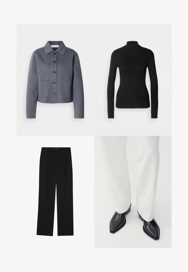 Grijze, cropped jas van een zacht materiaal met een kraag, zes knopen aan de voorkant en twee zijzakken.; Zwarte coltrui gemaakt van lichte brei stof. Heeft lange mouwen, een aansluitend design en een zachte ribbeltextuur.; Zwarte broeken met een rechte pijpontwerp, voorzien van twee voorkanten zakken en een tailleband. Gemaakt van een gladde, lichte stof.; Zwarte puntige enkellaarzen met een gladde leren afwerking, lage blokhakken, gecombineerd met witte wijde broekspijpen. Eenvoudig en modern design.