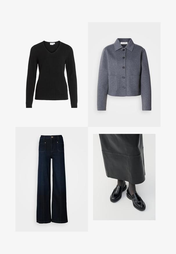 Grau, kurz geschnittene Jacke aus weichem Material mit einem Kragen, sechs vorderen Knöpfen und zwei Seitentaschen.; Schwarzer V-Ausschnitt-Pullover aus weichem Material, mit langen Ärmeln, geripptem Saum und Bündchen sowie einem einfachen und klassischen Design.; Weite, dunkelblaue Jeans mit weitem Bein. Verfügt über Fronttaschen, goldenes Zubehör und Kontrastnähte. Glatte Textur mit einem lässigen Design.; Schwarze Lederloafers mit glatter Oberfläche, verziert mit einem dekorativen Riemen, runder Zehenpartie und texturierten Sohlen. Getragen mit einem langen schwarzen Lederrock.