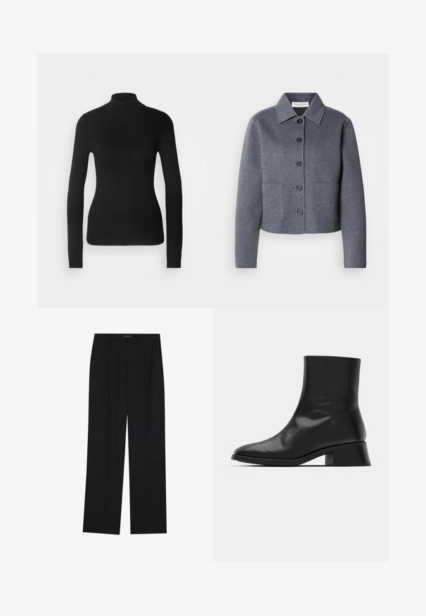 Veste grise courte en matériau doux, avec un col, six boutons à l'avant et deux poches latérales.; Pull à col roulé noir en maille légère. Il possède des manches longues, une coupe ajustée et une texture côtelée douce.; Pantalons noirs à coupe droite, dotés de deux poches avant et d'une taille. Fabriqués dans un tissu lisse et léger.; Bottine noire en cuir brillant, au design épuré, avec un bout pointu et un petit talon bloc pour plus de stabilité.