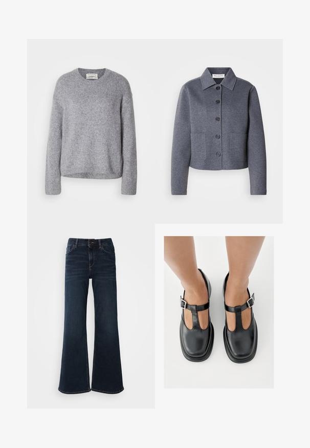 Grijze, cropped jas van een zacht materiaal met een kraag, zes knopen aan de voorkant en twee zijzakken.; Lichtgrijze gebreide wollen trui met lange mouwen en geribde manchetten, zoom en ronde hals, gepresenteerd op een witte achtergrond.; Mos Mosh HERA - Flared Jeans - dark blue; Zwarte leren schoenen met een T-bandontwerp, gesloten teensluiting en zilverkleurige gespdetails. Glad oppervlak met een ronde neus en platte zool.