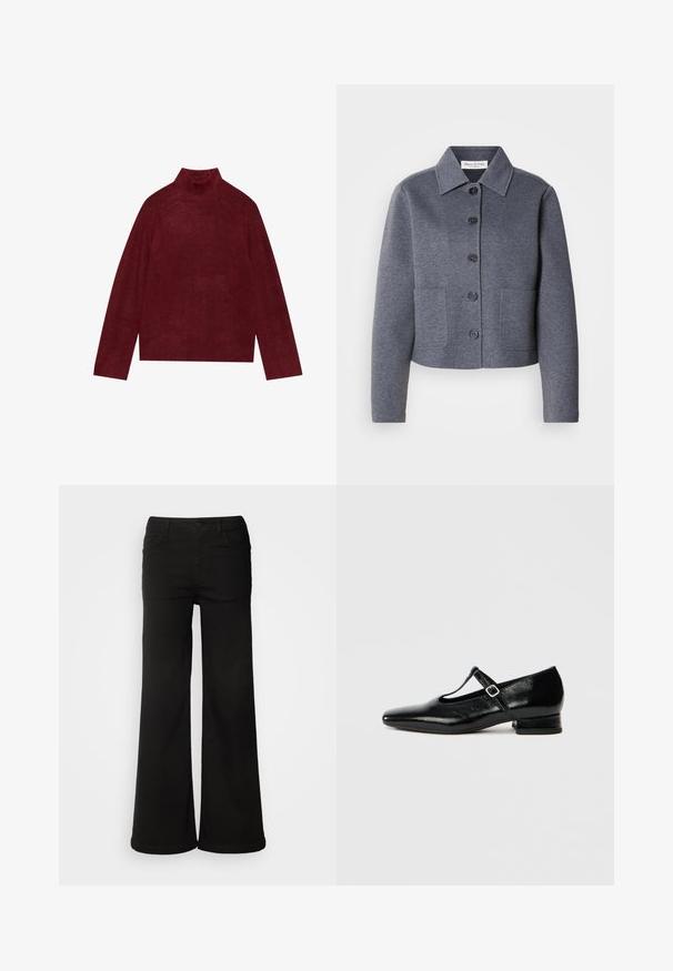 Grå, kort jakke lavet af et blødt materiale har en kravekrave, seks frontknapper og to sidelommer.; Bordeaux turtleneck trøje, strikket, med ribbede detaljer ved kraven og ærmerne, med en boxy form og blød tekstur.; Sorte brede bukser lavet af denimstof, med frontlommer, knaplukning og en glat tekstur med en ren finish.; Sorte Mary Jane-sko i læder med spids tå, lille blokhæl og justerbar rem med sølvspænde. Glat, blank tekstur.