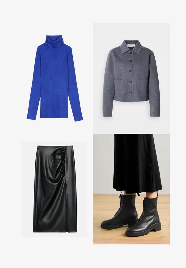 Hallhalli, lühike jakk pehmest materjalist, millel on kaelus, kuus esimest nööpi ja kaks küljetaskut.; Kuningrubiinist ribidega turtleneck-sweater, valmistatud tekstuurilisest kangast, pika varrukaga ja kokkuvolditava kaelusega, millel on saledat lõiget.; Must värviline nahkseelik sileda tekstuuriga, featuring ühel küljel kogutud osa ja külgauk, mis annab lisadetaile.; Mustad nahast pahkluu saapad paksu platvormitaldadega ja esise closinguga. Sile tekstuur ja minimalistlik disain.