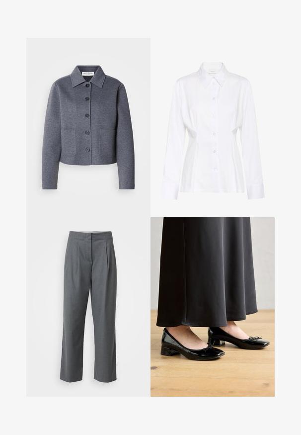 Grau, kurz geschnittene Jacke aus weichem Material mit einem Kragen, sechs vorderen Knöpfen und zwei Seitentaschen.; Weiße, langärmlige Bluse mit Knopfleiste, spitzem Kragen, tailliertem Schnitt und sichtbarem Markenetikett "Gestuz" innen am Kragen.; Graue maßgeschneiderte Hosen mit geradem Bein, die eine glatte Textur, Bundfalten und Schlitztaschen aufweisen. Keine sichtbaren Beschläge oder Akzente.; Schwarze lackierte Ballerinas mit einer Schleifenakzent, niedrigem Blockabsatz und runder Spitze, die mit einem langen schwarzen Rock auf einem Holzfußboden getragen werden.