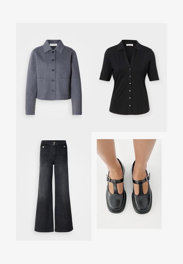 Grijze, cropped jas van een zacht materiaal met een kraag, zes knopen aan de voorkant en twee zijzakken.; Zwart overhemd met korte mouwen en knopen, een kraag, zes knopen aan de voorkant en een licht getailleerd silhouet.; Zwarte denim wijd uitlopende jeans met een hoge taille, voorste knopen en twee voorzakken; soepele textuur met een lichte vervaging.; Zwarte leren schoenen met een T-bandontwerp, gesloten teensluiting en zilverkleurige gespdetails. Glad oppervlak met een ronde neus en platte zool.
