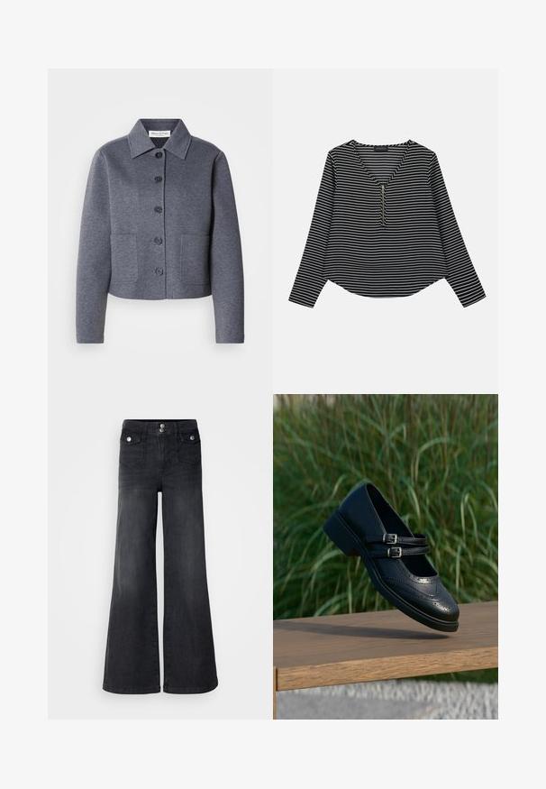 Grau, kurz geschnittene Jacke aus weichem Material mit einem Kragen, sechs vorderen Knöpfen und zwei Seitentaschen.; Schwarz-weißer gestreifter Langarm-Top mit V-Ausschnitt und einem Reißverschluss in der Mitte. Der Stoff wirkt glatt, mit einer lockeren, leicht verkürzten Passform.; Schwarze Denim-Jeans mit weitem Bein und hoher Taille, mit vorderen Knöpfen und zwei Vordertaschen; glatte Textur mit leichtem Verwaschungsfinish.; Schwarzer Mary Jane Lederschuh mit doppelten Schnallenriemen und Brogue-Details, schwebend über einer Holzbank mit grünem Gras im Hintergrund.