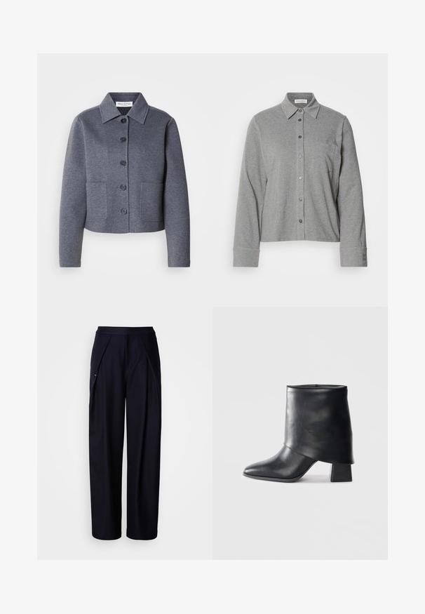 Grau, kurz geschnittene Jacke aus weichem Material mit einem Kragen, sechs vorderen Knöpfen und zwei Seitentaschen.; Graues Hemd aus weicher Baumwolle mit Kragen, langen Ärmeln, einer Brusttasche und einem Knopfmanschette mit Logodetail.; Marineblaue weite Beinhosen mit glatter Textur, gefaltetem Vorderteil und elastischem Taillenbund. Sie verfügen über eine dezente Seitenleistentasche und minimale Markenkennzeichnung.; Schwarze Lederstiefelette mit spitzer Zehenform, glatter Oberfläche und strukturiertem Blockabsatz. Mit einem hohen, gefalteten Schaftdesign.