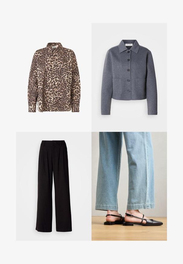 Veste grise courte en matériau doux, avec un col, six boutons à l'avant et deux poches latérales.; Chemise à boutons en imprimé léopard dans un tissu beige et marron. Elle a des manches longues, un col et une poche poitrine.; Pantalon large noir en tissu lisse, avec des plis à l'avant, une taille ajustée, et sans motifs ni accents visibles.; Chaussures slingback en cuir noir avec un bout pointu, un talon plat et une bride à la cheville ; portées avec un jean large bleu clair.