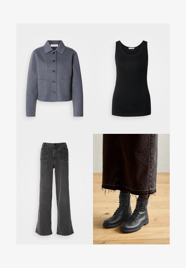 Grå, kort jakke lavet af et blødt materiale har en kravekrave, seks frontknapper og to sidelommer.; Sort ærmeløs tanktop, lavet af glat stof, har en klassisk rund halsudskæring og en tætsiddende design. Ingen mønstre eller detaljer.; Høj talje, brede ben sorte jeans lavet af denim, med knaplukning, bæltestropper og to baglommer med syninger.; Sorte læder snørebåndstøvler med tekstureret overflade, midt på læggen, rundet tå og robust sål, parret med en mørk, frynset denimnederdel.
