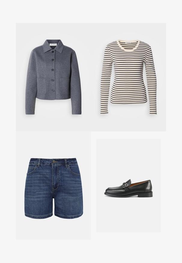 Grijze, cropped jas van een zacht materiaal met een kraag, zes knopen aan de voorkant en twee zijzakken.; Lange mouwen gestreepte t-shirt met horizontale zwarte en crème strepen, een ronde halslijn en een slim fit. Zacht katoenen materiaal.; Donkerblauwe denimshorts met knoopsluiting aan de voorkant, ritssluiting, riemlussen en voorzakken, afgebeeld tegen een witte achtergrond.; Zwarte leren loafers met een gestikt ontwerp, voorzien van een dubbele gespsluiting en een licht verhoogde hak voor extra lengte.