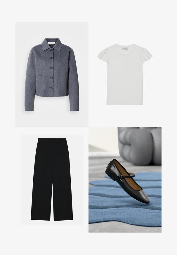 Veste grise courte en matériau doux, avec un col, six boutons à l'avant et deux poches latérales.; T-shirt blanc à manches courtes en tissu doux. Présente de petites manches bouffantes et un col rond. Étiquette : "ANNA FIELD" au niveau du cou.; Pantalons noirs à jambe large en tissu lisse. Dotés d'une taille plate avec passants de ceinture et sans poches visibles. Design simple.; Chaussure Mary Jane en cuir noir avec bride à boucle, posée sur un tapis bleu texturé, avec un canapé gris capitonné flou en arrière-plan.
