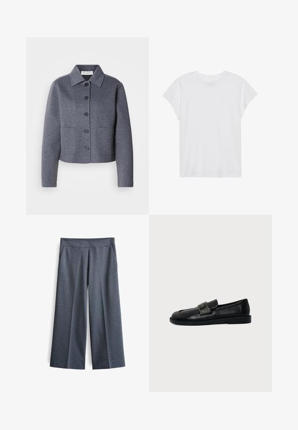 Grijze, cropped jas van een zacht materiaal met een kraag, zes knopen aan de voorkant en twee zijzakken.; Witte t-shirt met korte mouwen, ronde hals, relaxte pasvorm, gemaakt van zacht katoen. Glad textuur, geen patronen of logo's.; Wijde broek in donkergrijze stof. Voorzien van een elastische tailleband, twee voorkantzakken en een gladde textuur met een subtiel patroon.; Zwarte leren loafer met afgeronde neus, gestikte details en een decoratieve band over het bovenwerk op een platte zool.