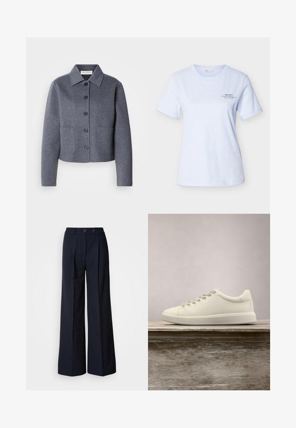 Grijze, cropped jas van een zacht materiaal met een kraag, zes knopen aan de voorkant en twee zijzakken.; Lichtblauw t-shirt met korte mouwen en ronde hals, met het logo "GANT American Sportswear New Haven" op de linkerborst.; Marineblauwe pinstriped wijde broek met twee voorknoopsluiting, op maat gemaakt ontwerp, vouw aan de voorkant en een soepele textuur.; Witte leren sneakers met lage schacht, vetersluiting en een platte rubberen zool, weergegeven vanaf de zijkant op een effen achtergrond.