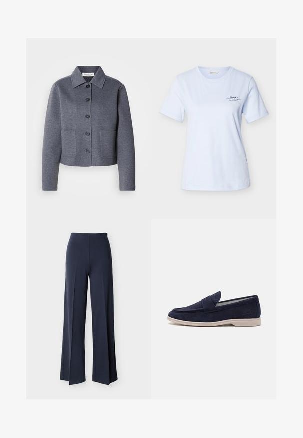 Grå, kort jakke lavet af et blødt materiale har en kravekrave, seks frontknapper og to sidelommer.; Lyseblå kortærmet T-shirt med rund hals og "GANT American Sportswear New Haven" logo på venstre bryst.; Marineblå bukser med vide ben og sideslidser, høj talje og glat front, vist mod en hvid baggrund.; Marineblå suede loafers med rund tå og syet detaljering. Har en polstret tunge og en lys beige gummisål for komfort.